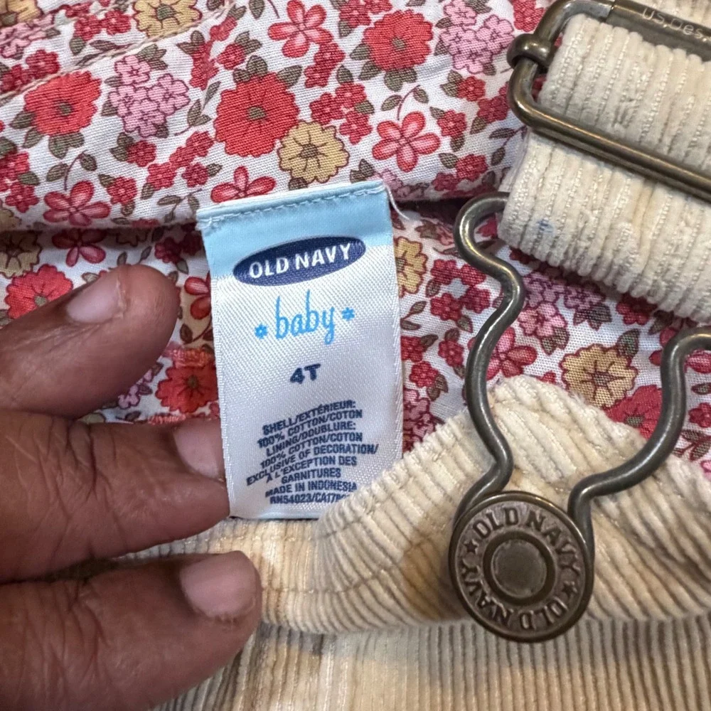Old Navy Girls 4T‎ Tan Corduroy Overall Jumper Dress Floral Lining Frayed Hem